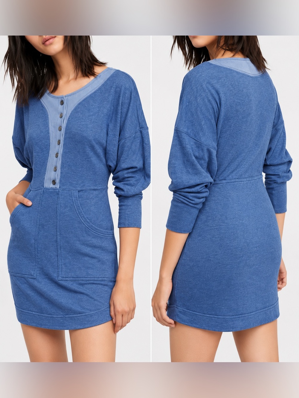 Free People Seeking Hearts Tunic Blue Button Front Long Sleeve Dress Size S